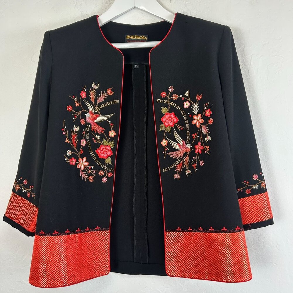 River Thai Silk Womens Embroidered Jacket Black Red Floral Bird Asian Size 44